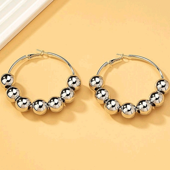 Handmade Sterling Silver Hoop Ball Statement Earrings - Picture 2 of 5